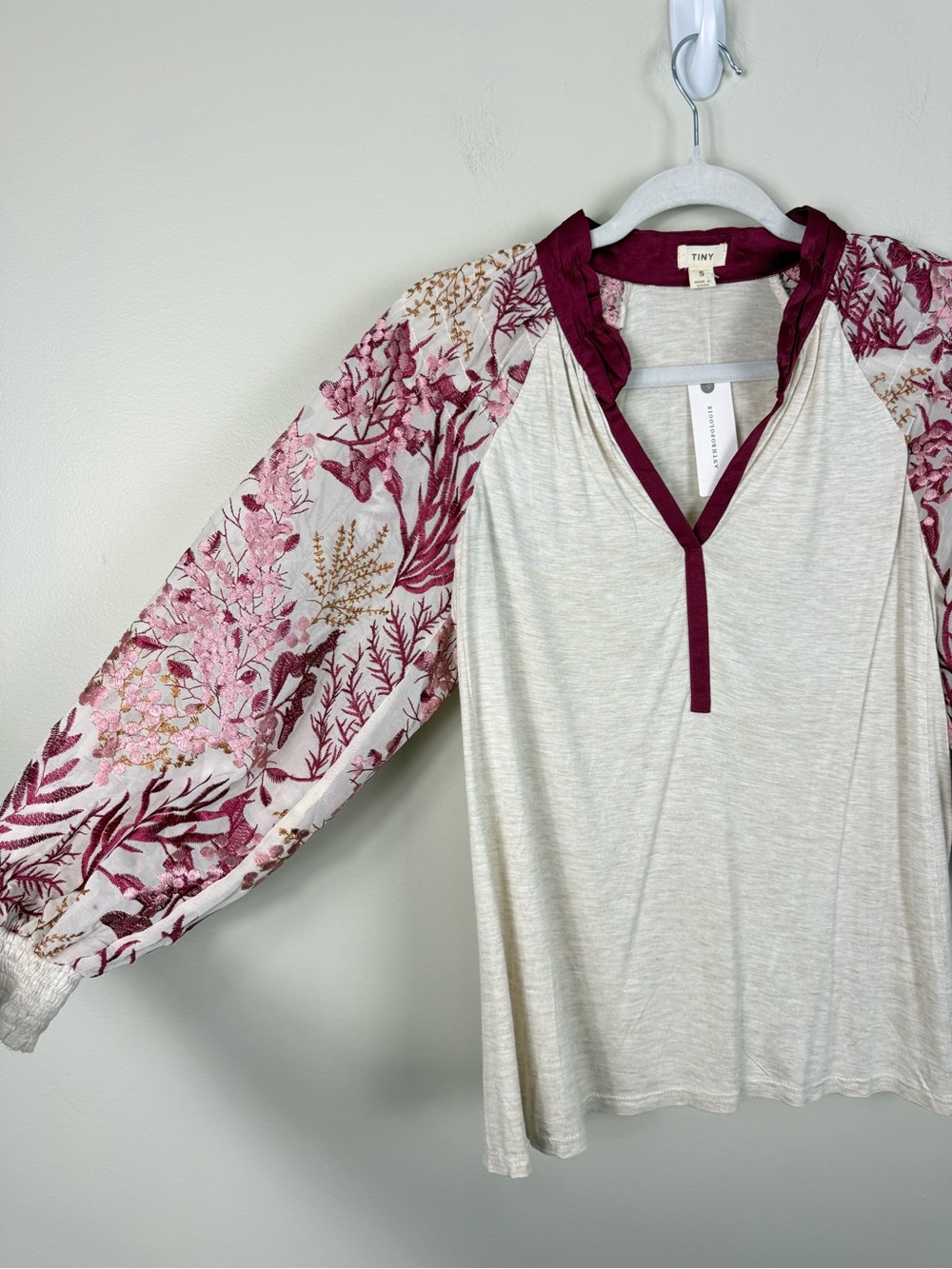 Anthropologie Tiny Top Women Small Embroidered Balloon Sleeve Pink Cream Smocked - Picture 4 of 10